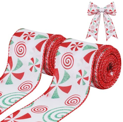 2 Rollos Cintas Navideñas con Cable, 6,3cm de Ancho Cinta de Navidad de Caramelo de Menta Decorativa Cinta para Arbol de Navidad Manualidades Coronas Pajarita Envolver Regalos (Fondo Blanco)