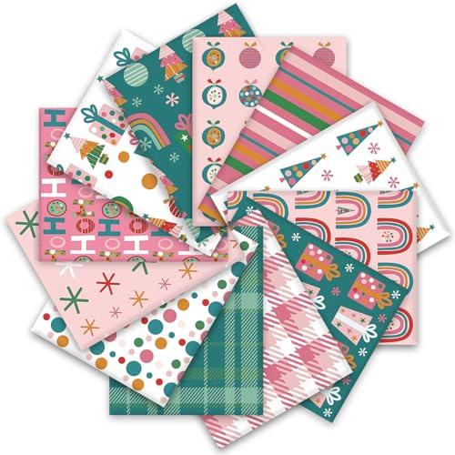 Whaline Lot de 12 tissus de Noël en coton avec motif sapin de Noël, flocon de neige, boîte cadeau, carrés de tissu à coudre à carreaux rose vert pour loisirs créatifs, 45,7 x 55,9 cm