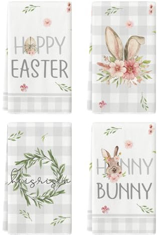 Artoid Mode Büffelkaro Blumen Hasenohr Ostereier Ostern Küchentücher Geschirrtücher, 42x65 cm Happy Easter He is Risen Dekoration Handtücher 4er Set