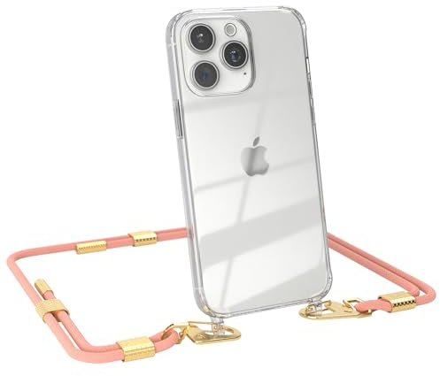 EAZY CASE - Handykette mit Karabiner kompatibel mit iPhone 15 Pro Max - Hülle Silikonhülle Fallschutz transparente Handyhülle Kette zum Umhängen Schutzhülle in Korall - Clips Gold