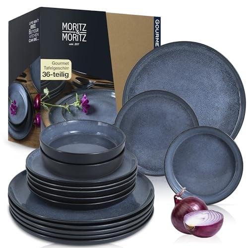 Moritz & Moritz VIDA Geschirrset 12 Personen Blau 36-tlg. - Modernes Porzellan Geschirr Set - Kratz-, Mikrowellen- & Spülmaschinenfest, Essgeschirr, Tafelservice, Kombiservice 12 Personen