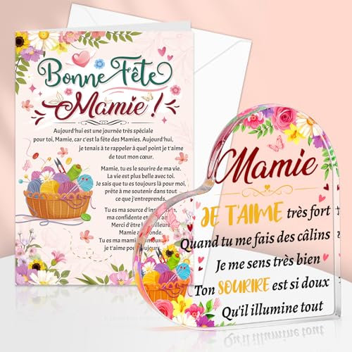 DPKOW Cadeau pour Mamie Grand-Mère, Je t'aime Plaque Acrylique Gravée Bonne Fête Mamie Carte de Vœux avec Enveloppe pour Fête des Grand-Mère Cadeau Original Mamie Objets de Décoration