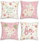 Bonhause 4er Set Kissenbezüge Blumen Hase 45 x 45 cm Karotte Blätter Rosa Dekorative Kissenhülle Zierkissenbezüge für Sofa Zuhause Garten Ostern Frühling Dekoration