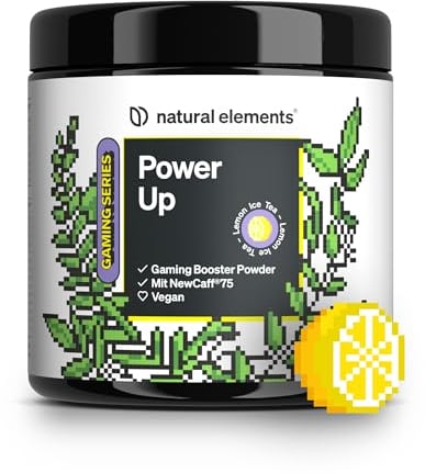 Power Up Lemon Ice Tea – Gaming Booster mit Koffein, NewCaff75, B-Vitaminen, Vitamin C, L-Tyrosin, Ginkgo- und Grüntee-Extrakt – 40 Drinks – vegan, hochdosiert, mit Stevia – in Deutschland produziert