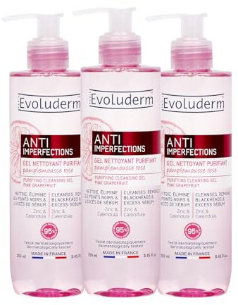 EVOLUDERM – Gel Nettoyant Purifiant Anti-Imperfections - 250 ml - 95% d’Origine Naturelle - Végan - Fabrication Française - Lot de 3 x 250 ml