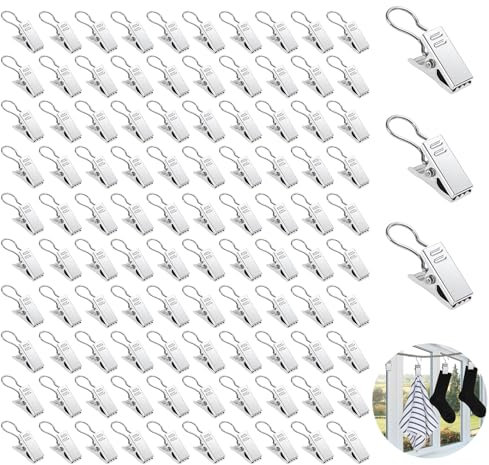100 Pcs Stainless Steel Curtain Clips and Hooks Set - Heavy Duty Metal Hanging Clip Hangers for Home Bathroom Shower Photo Light Chains Decors
