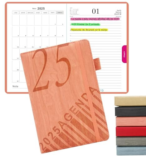 HW CASA Agenda 2025 Giornaliera A5 Un Giorno per Pagina, 12 Mesi Planner con Divisori Mensili & Nota, Portapenne, Copertina Rigida, Elastica, Diario per Scuola Famiglia Lavoro