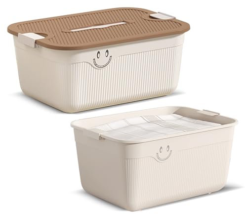 Bailtouk 2 Pezzi Scatole Portaoggetti con Coperchio, Cestino Portaoggetti Plastica, Scatole di Conservazione con Coperchio Organizzatore con Maniglie Impilabili per Cucina, Bagno, Armadio (Bianco)
