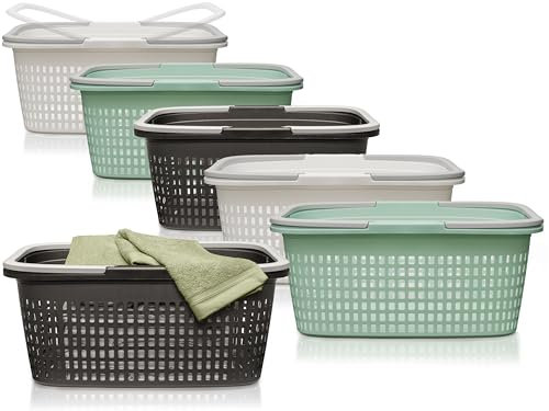 Hausfelder Wäschekorb Wanne 35l – Wäschekörbe 6er Set - Stabil & Wetterfest - Wäschewanne mit Henkeln & Griffen 35l (Farbmix, 6 Körbe)