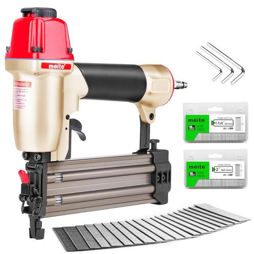 meite F50C Pneumatic Brad Nailer with 2000pcs Nails (1-1/4, 2), Air 18 Gauge Brad Nailer Small Finish Nail Gun for Trim Work, Fires 18 Gauge Brad Nails 5/8 Inch to 2 Inch