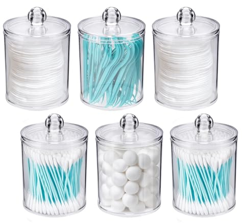 WEISHI 6 Pack Qtip Holder Dispenser -Cotton Ball, Swab, Round Pads, Floss , Small Clear Plastic Apothecary Jar Containers with Lids for Bathroom Storage and Organization, Vanity Organizer