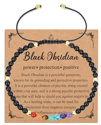Zysta 7 Chakra Armband Verstellbar Echte Steine Armbänder Heilsteine Yoga Armband Kristalle Perlenarmband Energietherapie Glückbringen Armbänder Damen Herren (Obsidian)