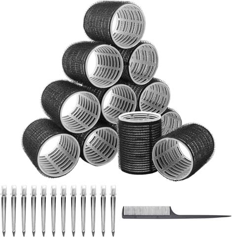 UVVRUR Lockenwickler-Set, 24 Stück, große Locken, selbsthaftend, mit 12 Entenschnabelclips für alle Haarlängen (Schwarz, M)