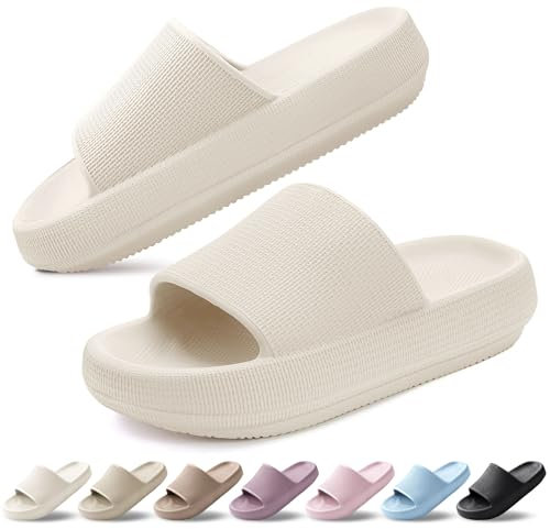 Zapatillas Mujer Chanclas de Baño para Hombre Verano Super Suaves Chanclas de Casa Piscina Pantuflas Playa Comodas Antideslizante Sandalias Interior Exterior Unisex Beige, 39-40 EU
