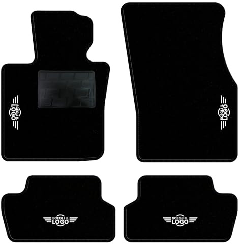QUEMAR Autofußmatten kompatibel mit MINI F55 F56 F57 2014-2023 / Set maßgeschneiderten fußmatten aus Teppich und Gummi/Personalisierte Stickereien und Farben (Rand Schwarz, 4 Stickereien)