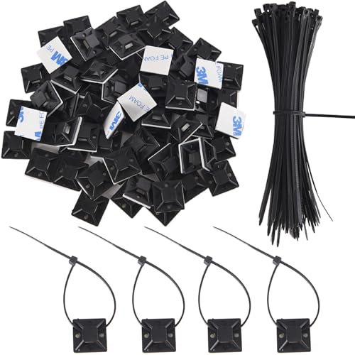 100 Mounts Multi-Purpose Adhesive Cable Holder Self Adhesive Wire Tie Mount Base Holders Nylon Cable Tidy Clips Small Tie Wraps Sticky Pads for Home Office Workshop DIY Garden