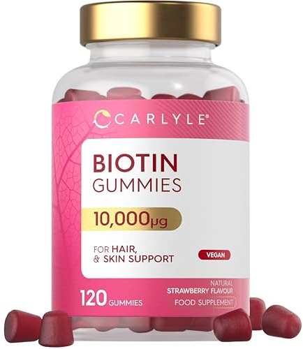 Biotin Gummies Hair Growth 10,000mcg | 120 Count | High Strength Supplement for Hair and Skin Support | Strawberry Flavour | Vegan | by Carlyle