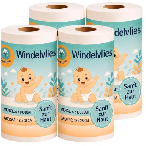 Lumina Windelvlies 4x100 Blatt, 100 % biologisch abbaubar & hautfreundlich | Weiches großes Windelvlies zur Einlage in Stoffwindeln – Windelvlies aus Viskose, – Windeleinlagen für Babys, 18x28cm
