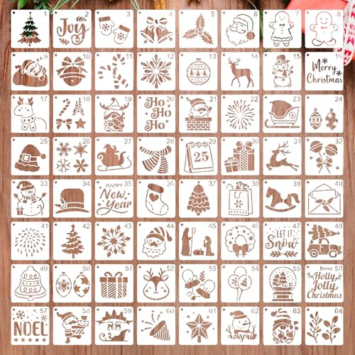 64Pcs Christmas Stencils Templates,Reusable Painting DIY Xmas Stencil Christmas Drawing Stencils for Spraying Door Window Wall Painting Home Decor Art DIY Crafts