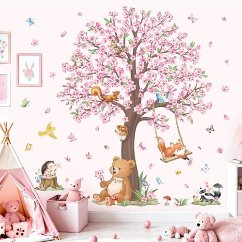 wondever Woodland Animal Tree Wall Decals Cherry Blossom Wall Stickers (XL) | Peel and Stick, Removable, Wall Art Decals, Wall Decoration, Kids Room, Girls Bedroom Baby Nursery Playroom Decor
