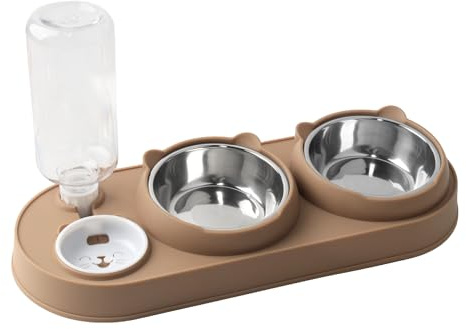 Luckwaii Set 3 in 1 per gatti e ciotole per acqua, ciotola per gatti, in acciaio inox, inclinata di 15°, per animali domestici, con dispenser d'acqua per gatti e cani di piccola taglia