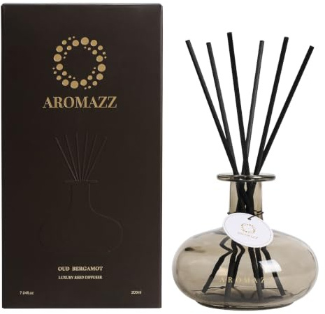Reed Diffuser Set - Smoke Glass Bottle with Black Reeds & 200ml Hotel Fragrance Oil Premium Long Lasting Scent Oud & Bergamot - AROMAZZ