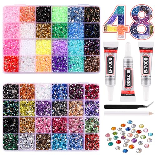 Kalolary 24000 Piezas Diamantes para Uñas 3mm, 48 Colores Bedazzling Kit | Cristales Flatback con Pegamento, Pinzas y Lápiz Recogedor, Kit de Piedras Nail Art para DIY Uñas, Ropa y Zapatos