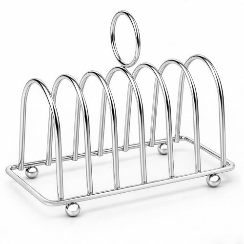 Besto Toast Rack 6 Slice | Chrome Toast Holder for Dining Table & Kitchen | Non Scratch Toast Rack for Air Fryer with Loop Carry Handle | Stainless Steel Bread Serving Stand