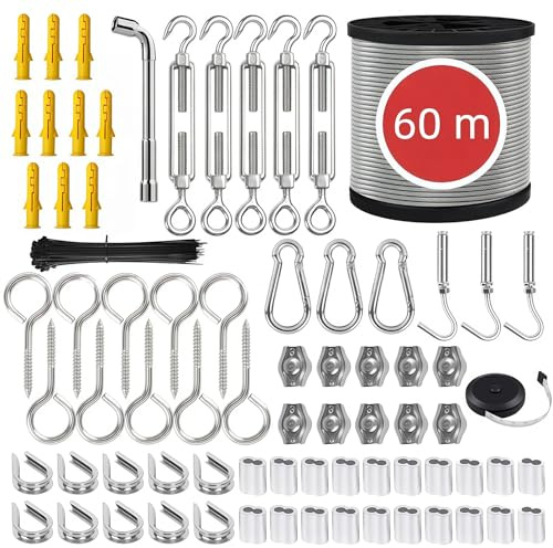 60M Edelstahl Drahtseil Kit - Stahlseil mit Ösen, Drahtseil 2mm