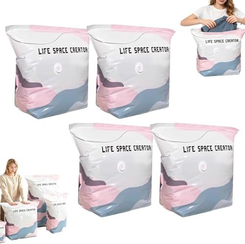 No‑Pump Vacuum Storage Bags, Vakuumbeutel Ohne Pumpe, Vakuum-Aufbewahrungsbeutel, Wiederverwendbar Kompressionsbeutel, Vertikaler Platzsparender Vakuumbeutel für Kleidung (4 Pack,M)