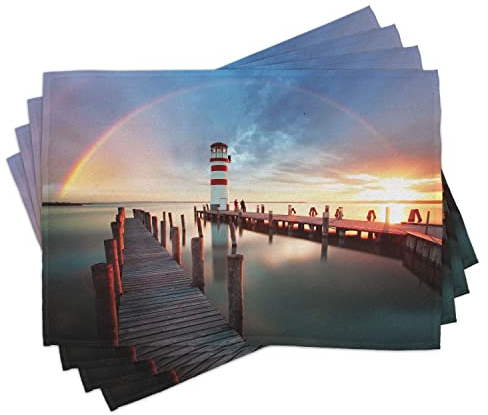 ABAKUHAUS Leuchtturm Platzmatten, Sonnenuntergang Leuchtturm Küste Wolken Regenbogen Spiegelbild Foto Muster, Waschbare Stoff Esszimmer Küche Tischdekorations Digitaldruck, Rot Blau