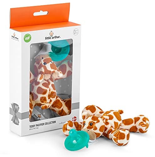 Little Arthur Giraffe Plüsch Schnuller Kuscheltier - Für Neugeborene Ab 0-6 Monate - Abnehmbarer Baby Schnuller aus Medizinisch Zertifiziertes Silikon - Schnuller mit Plüschtier