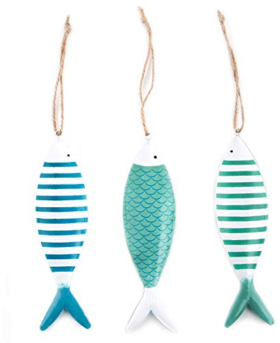 Deko-Fische zum Aufhängen, 3 Stück: Maritime Metallfische, Meeres-Dekoration Maritim, Badezimmer & Wohnzimmer, Meer, Strand, Sommer, Bad Dekoanhänger, Maritimdeko Geschenke, Baddeko, 15,5 x 4,5 cm