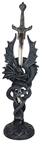 Ebros Gift Geflügelter Slitherin-Drache, der sich um das Excalibur-Schwert wickelt, Brieföffner, Figur, Mittelalterliche Fantasie, Dungeons und Dragons, Schreibtisch-Akzent-Statue