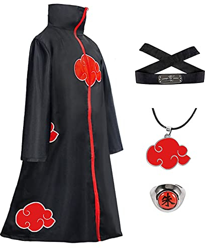 Akatsuki Mantel für Kinder Erwachsener Unisex Cosplay Kostüm, Cosplay Halloween Party Kostüm Umhang mit Stirnband und Ring (SET 4, M)