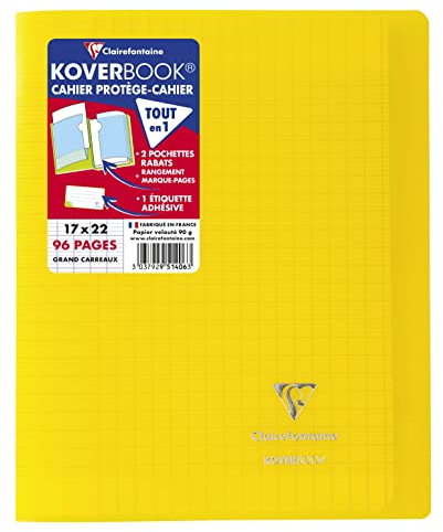 Clairefontaine 951406C Un Lot de 10 Cahiers Agrafés Koverbook Jaunes - 17x22 cm - 96 Pages Grands Carreaux - Papier Blanc 90 g - Couverture Polypro