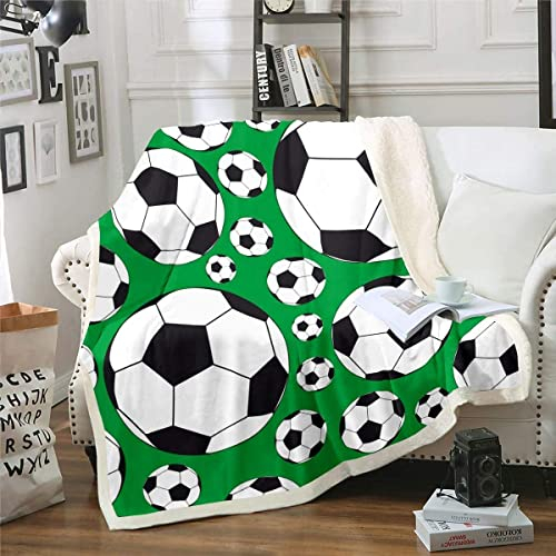 Jungen Fußball gedruckt Wohndecke Sportthema Kuscheldecke 75x100cm Schwarz Weiß Fußball Muster Flanell Fleecedecke Grün Wettkampfspiele Couchdecke