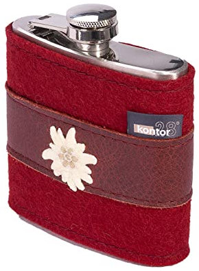 kontor28 - Design Flachmann mit Hülle aus 100% Natur Filz + Büffel Leder, auslaufsicher aus hochwertigem Edelstahl, handgefertigt Made in Germany, für Spirituosen, Outdoor, Wandern, Ski, rot
