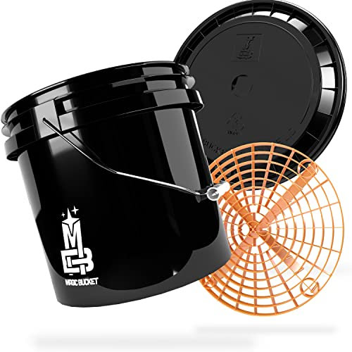 MAGIC BUCKET | Auto Handwäsche Bundle | Wascheimer mit passendem Eimer Deckel 3,5 US GALLONEN ca. 13 Liter | Mit Grit Guard Eimereinsatz Schmutzsieb | Waschset Schwarz/Orange