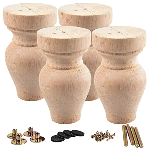 La Vane Lot de 4 pieds de meubles en bois massif sculpté en bois massif avec plaque de montage et vis pour meuble de canapé, table basse, meuble TV