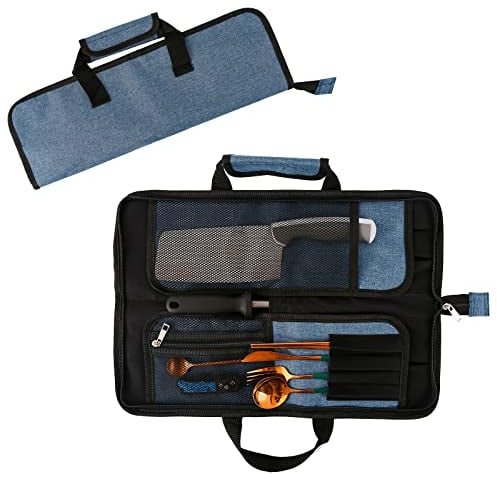 Qchengsan Chef’s Knife Roll Bag, Heavy Duty Oxford Chef Knife Bag, Portable 13 Slots Chef Knife Case, Multi-Function Cutlery Knives Pouch Holder Knife Wrap Wallet Tool Roll (Blue)