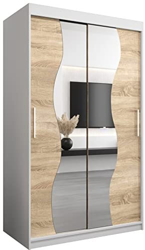 KRYSPOL Schwebetürenschrank Madryt 120 cm mit Spiegel Kleiderschrank mit Kleiderstange und Einlegeboden Schlafzimmer- Wohnzimmerschrank Schiebetüren Modern Design (Weiß + Sonoma)
