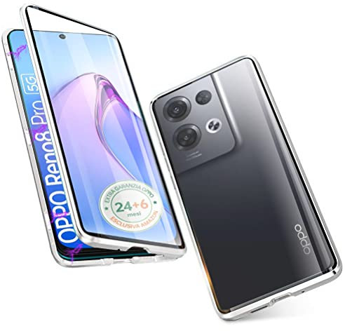 Coque pour Oppo Reno 8 Pro 5G (6.7), Coque d'adsorption magnétique [Verre Trempé Double Face] [Cadre Protectrice Métallique] Protection 360° Protection écran Aimante Coque, Argent