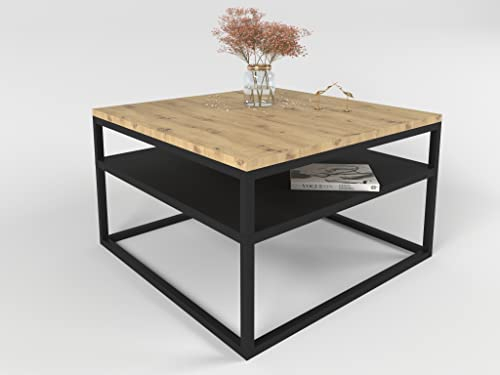 lukmebel Couchtisch Nova mit Regal Modern für Loft-Räume Pulverbeschichteter Edelstahl 16mm Tischplatte 68,5x68,5x48cm Ergonomisch Bequem Schwarz/Artisan Eiche