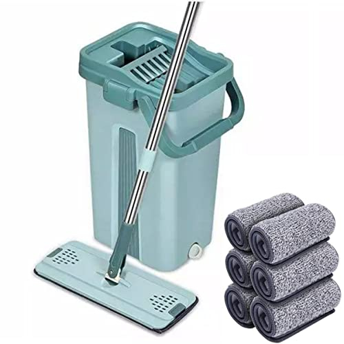 SWISSPACK Superior Sturdy And Strong Floor Mop and Bucket Set − Easy and Simple Squeeze Bucket, Flat Mop with 6-Pack Replacement Machine Washable Microfibre Mop Pads (Green)