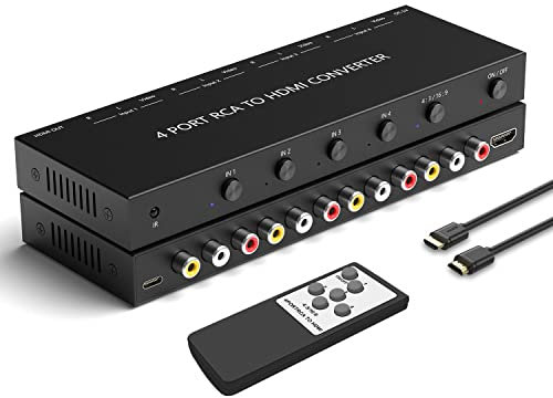 Azduou 4 AV to HDMI, 1080P/720P 4 Way RCA Composite CVBS AV Switch to HDMI Converter Adapter Support 4:3/16:9 Switching, for Sega Xbox PS1 PS2 PS3 N64 NGC SNES WII VHS VCR Camera DVD (with Remote)