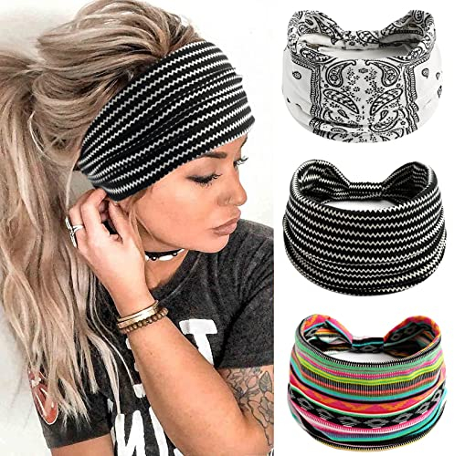 Damen-Haarbänder,Breite Haarbänder,Boho-Blumendruck Knoten Elastische Haarbänder Yoga-Bandanas,Laufstirnbänder für Frauen