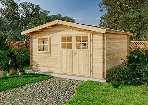 Abri de jardin Valerie-28 avec sol en bois, abri de jardin 428 x 427 cm, 14,67 m², 28 mm d'épaisseur, maison en bois en madriers avec fenêtre et porte en bois lamellé naturel
