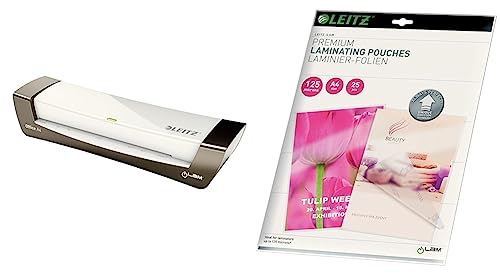 Leitz A4 Laminiergerät, Für 80 bis 125 mic Laminierfolien, Weiß/Silber, iLAM, 72510084 & Heißlaminierfolien A4 125 mic, Laminierfolien in Premium-Qualität im 100er Pack, Glänzend, Transparent