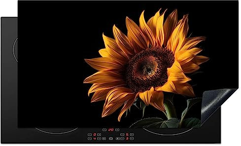 KitchenYeah© Copertura Tappetino Piano Induzione 90x52 cm Cucina Coprifornelli Protezione per Piano Induzione Fiori - Botanici - Nero - Girasole